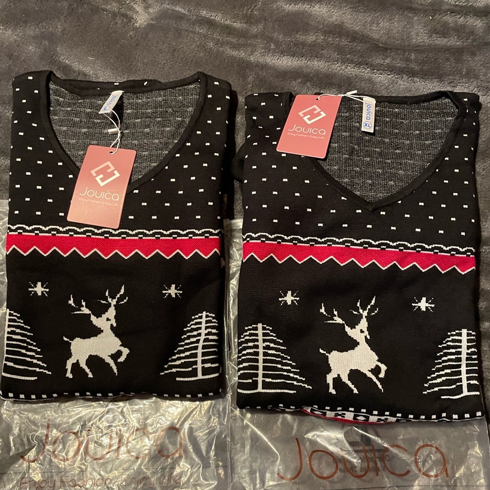 Black V-Neck Sweater Set of 2 with Reindeer Design Brand New